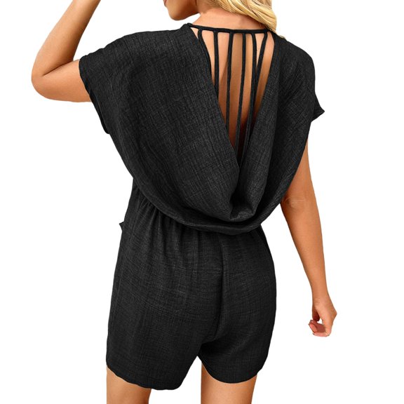 Women's Summer Jumpsuit 2025 Casual V Neck Wrap Ruched Short Sleeve Romper with Pockets Beach Travel Outfit