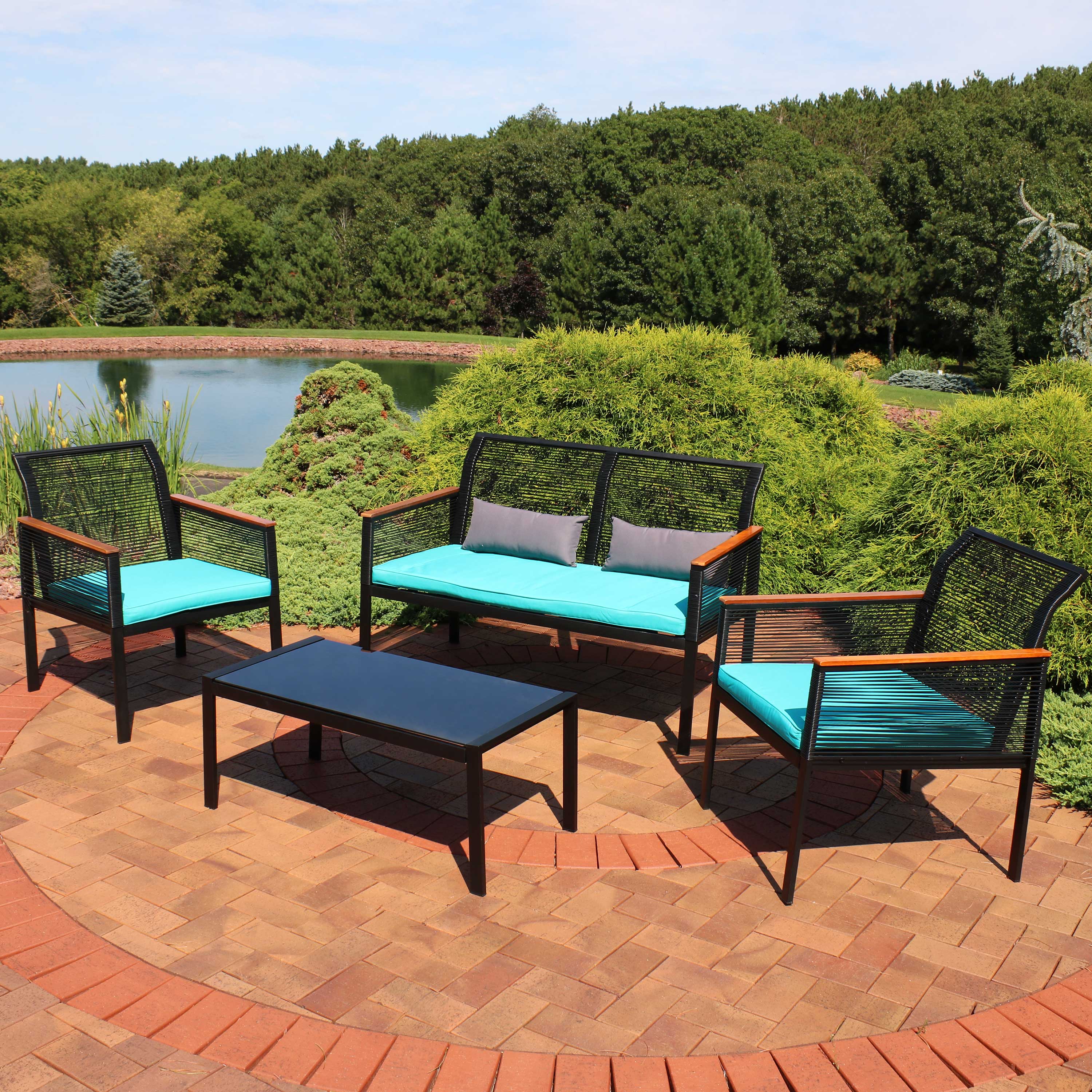 Sunnydaze Coachford 4-Piece Black Resin Rattan Outdoor Patio Furniture Set - Blue Cushions - image 2 of 10