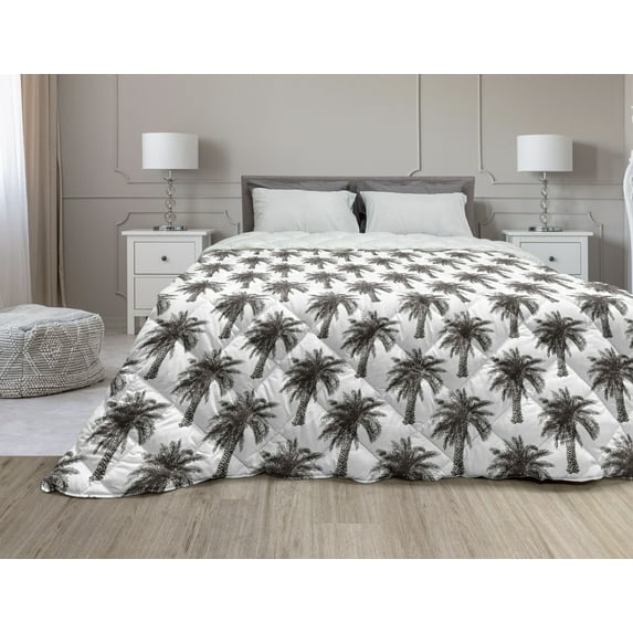 Palm Tree Down Alternative Comforter, Hawaiian Pattern with Paper Boats on Worn Sea Waves Coastal Art, Microfiber Quilt for All Season, 5 Sizes, Blue Dark Blue White, by Ambesonne