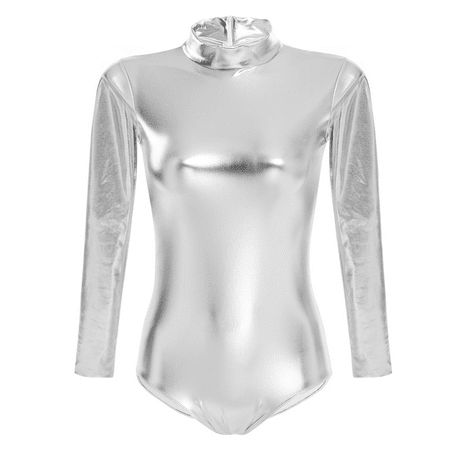 IBTOM CASTLE Women's Dance Ballet Leotards Long Sleeve Metalic Shiny Leather Turtleneck Gymnastics One Piece Lycra Bodysuits Dancewear M Silver