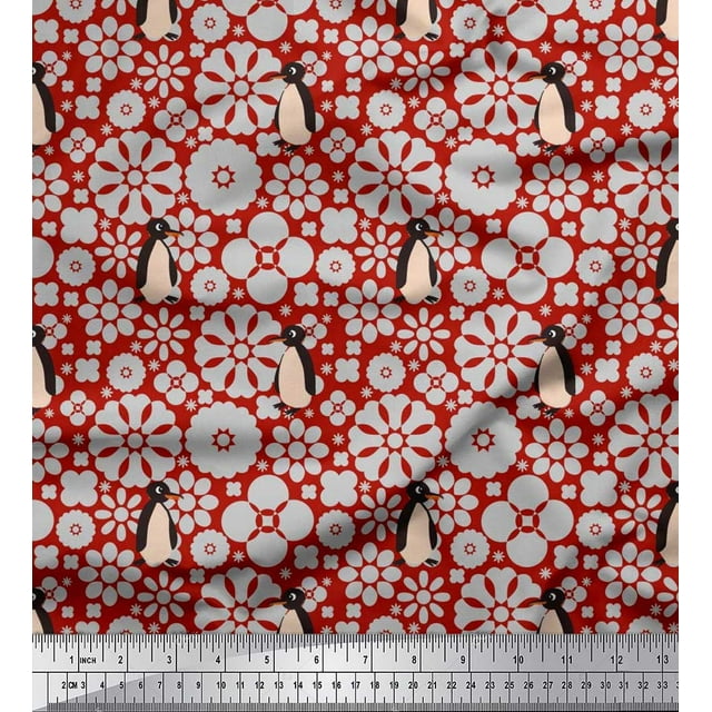 Soimoi Polyester Crepe Fabric Floral & Penguin Ocean Print Fabric by Yard 52 Inch Wide