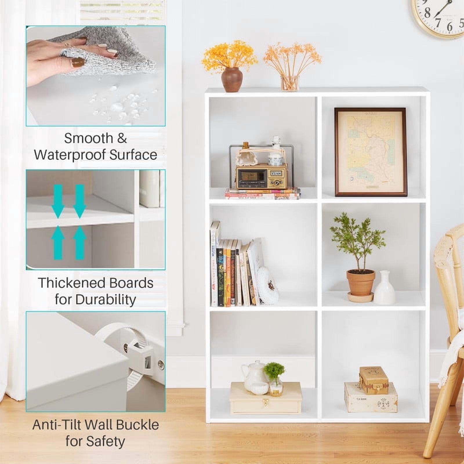 Beddle 6-Cube Storage Organizer, Open Bookshelf with Removable Back Panels, White Wood Bookcase for Living Room, Bedroom and Home Office