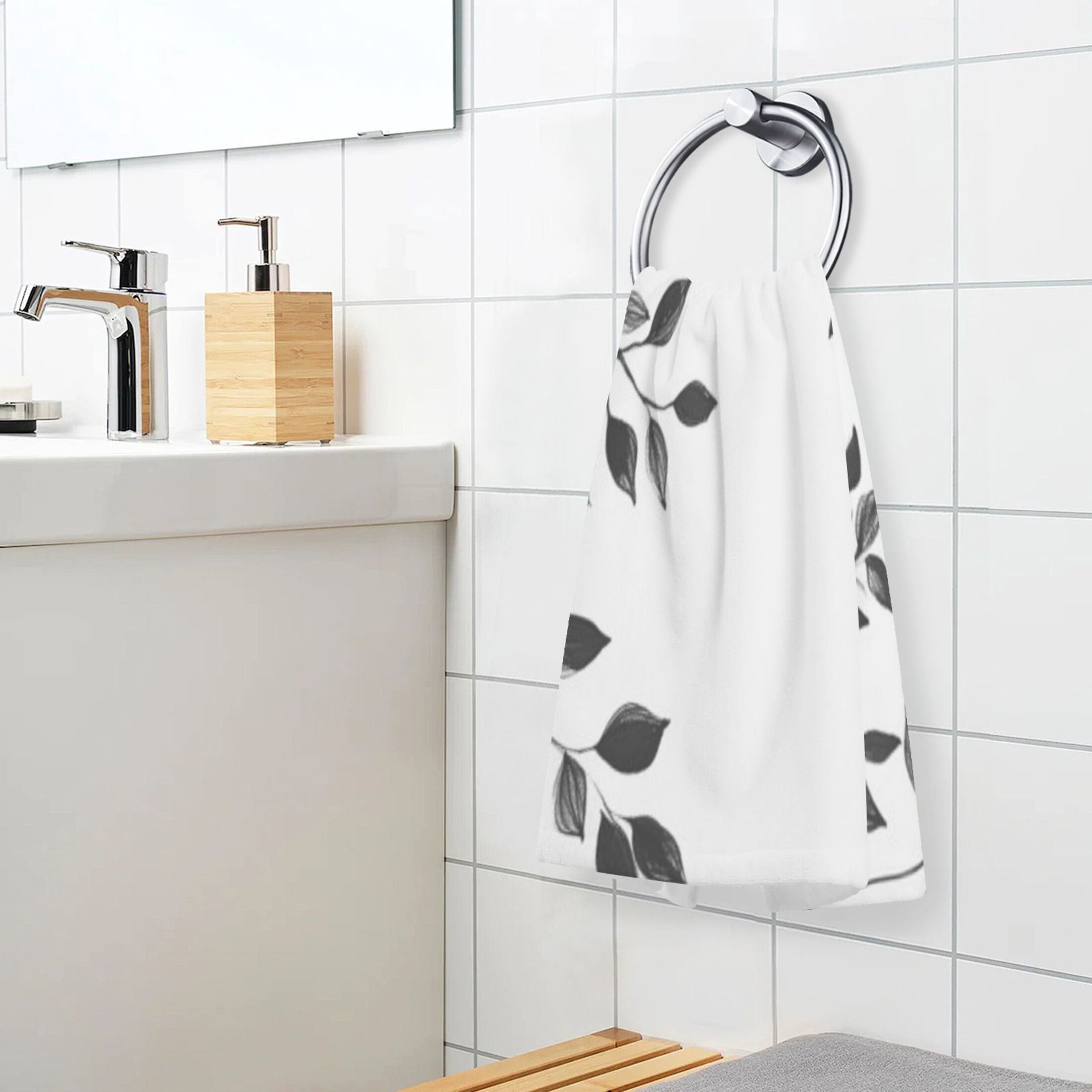 Cotton Towel Two-Piece 16x28 Inch One Sizex2 Face Towel Set Towel Set Cotton Hand Bath Towel Bathroom Beach Black Leaf Print