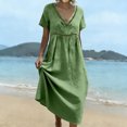 thumbnail image 6 of Domzest Womens Midi Dress Short Sleeve V Neck Linen Look Lace Trim Empire Waist Casual Summer Flowy Beach Vacation Sundress Green M, 6 of 9