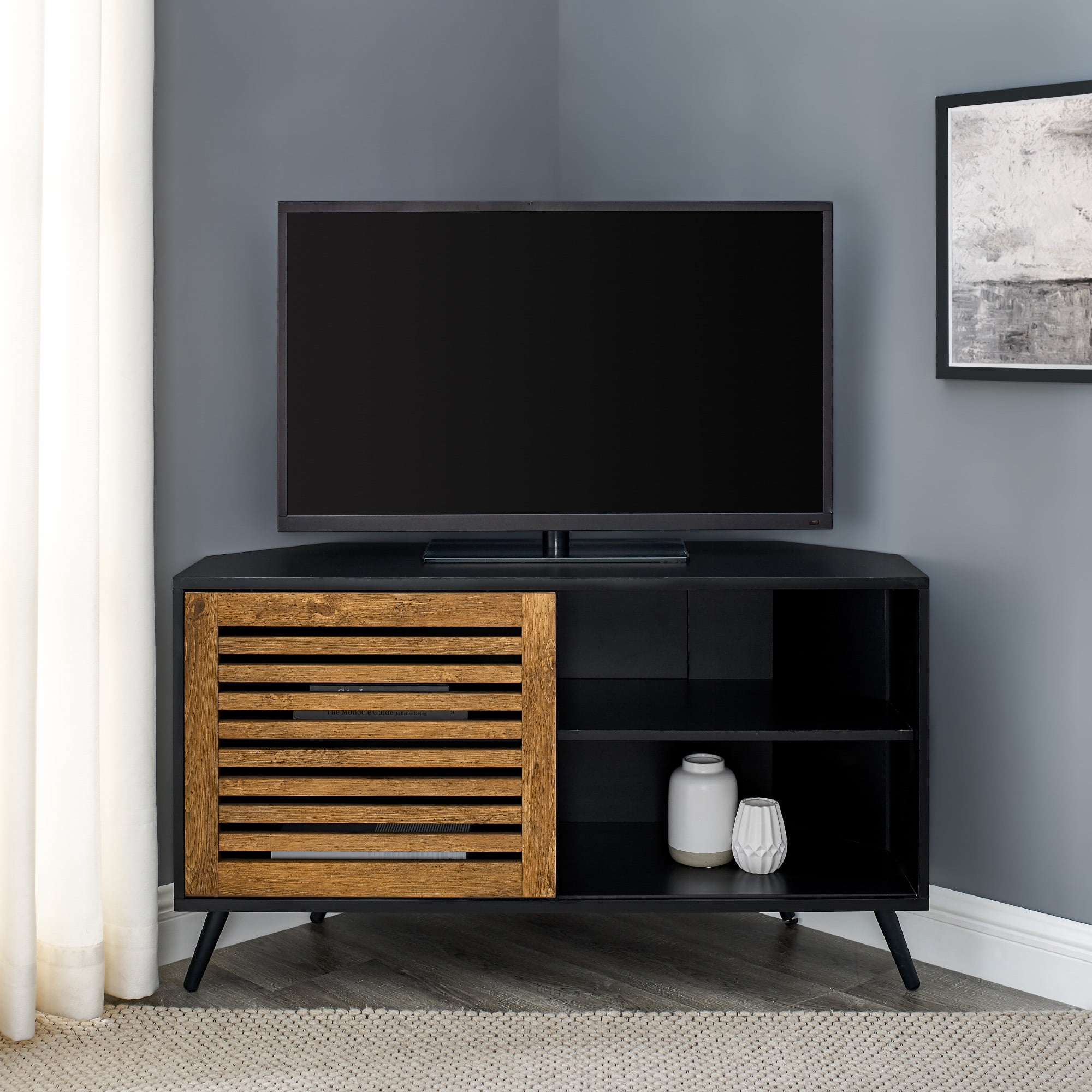 Manor Park Contemporary Boho Sliding Door Corner TV Stand, Black