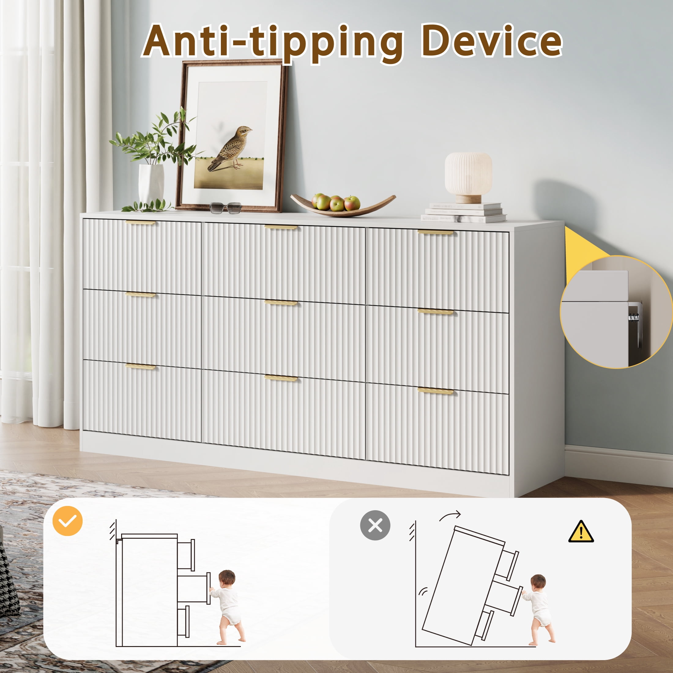YouTrend White 9 Drawer Dresser for Bedroom,Modern Adult Fluted Wood Chest of Drawer with Golden Embedded Handles for Living Room,Hallway