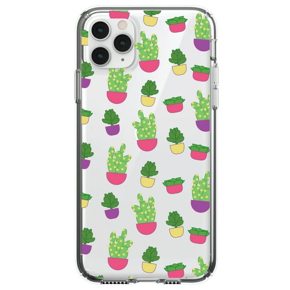 DistinctInk Clear Shockproof Hybrid Case for iPhone 12 MINI (5.4" Screen) - TPU Bumper, Acrylic Back, Tempered Glass Screen Protector - Succulents / Cacti
