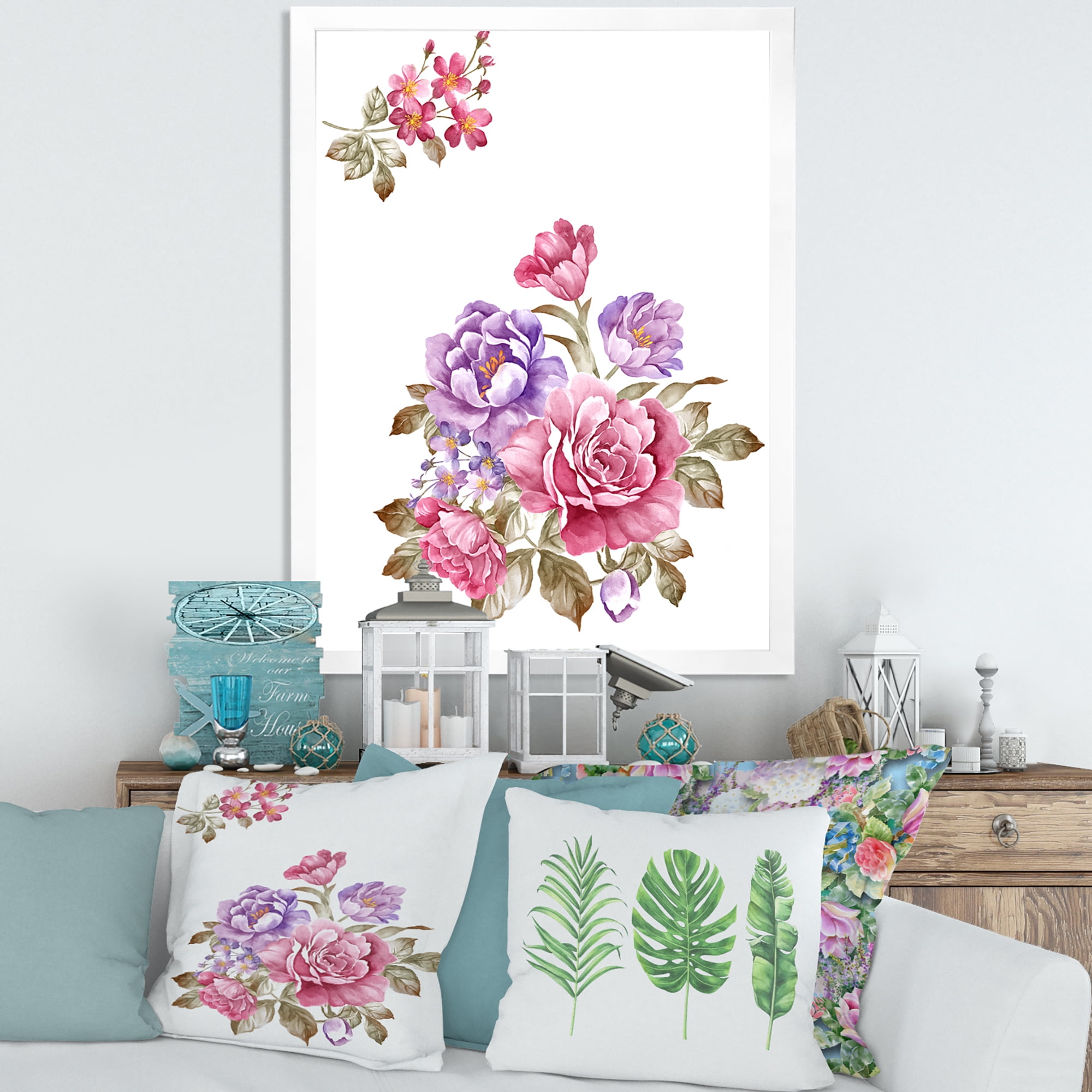Designart 'Bouquet of Purple and Pink Flowers I' Farmhouse Framed Art Print