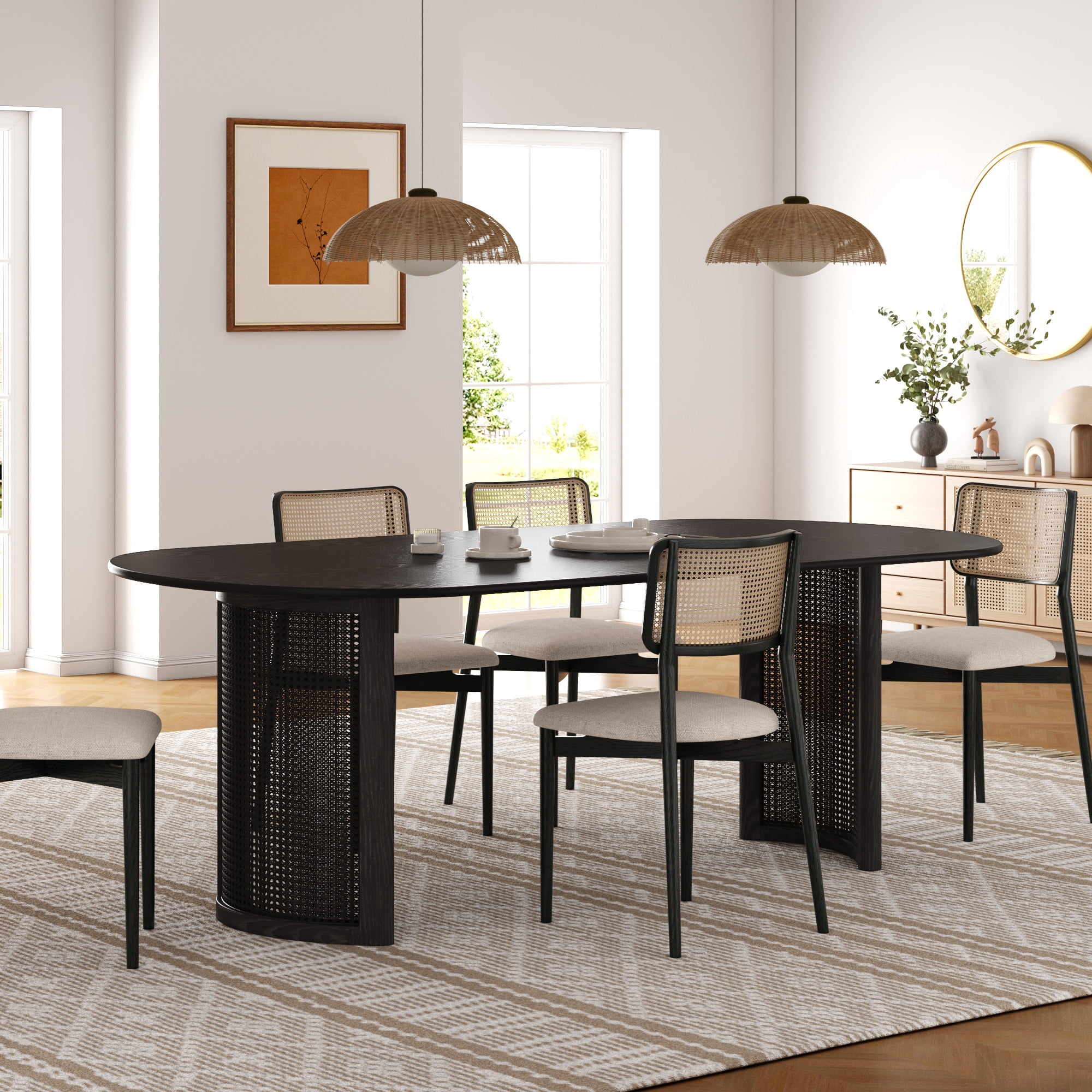 MAYEERTY Modern 67*33.5*30" Oval Black Dining Table with Arc - shaped Rattan Legs, Seats 6