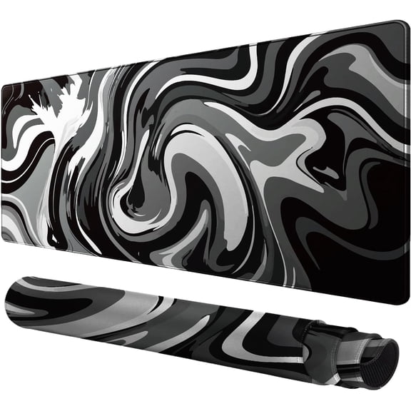 Large XL Gaming Desk Mat Mouse Pad With Stitched Edges Anti-Slip Rubber Base Ink Liquid Wave Design 31.5×15.8 in Black White