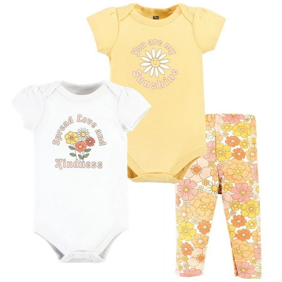 Hudson Baby Infant Girl Cotton Bodysuit and Pant Set, Peace Love Flowers Short Sleeve, Preemie