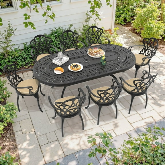 Hzzkey 9-Piece Oval Cast Aluminum Patio Set , Beige Cushions , Umbrella Hole , Black
