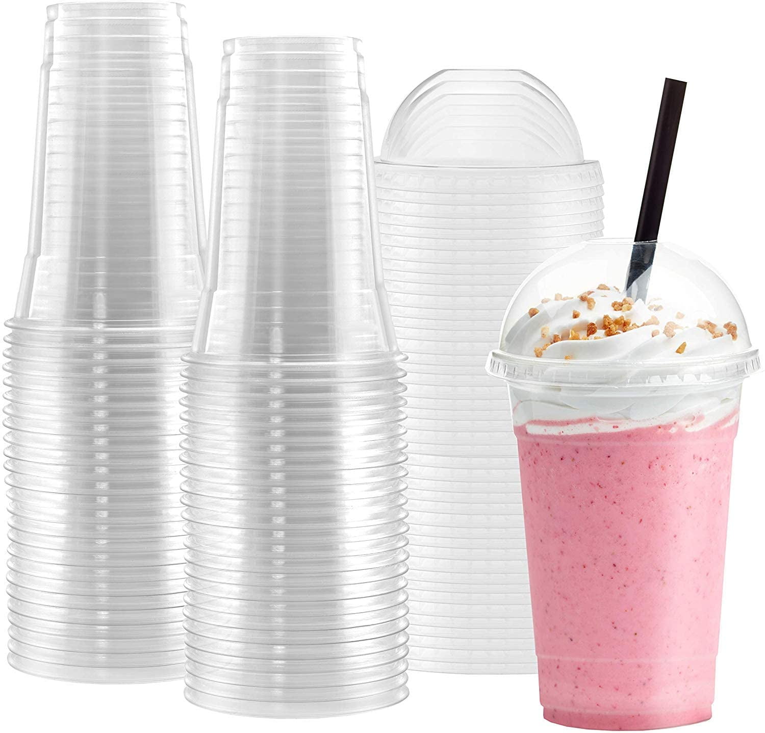 10oz,12oz, 16oz, 20oz Smoothie Cups & Lids Clear Plastic Domed Lid Disposable 
