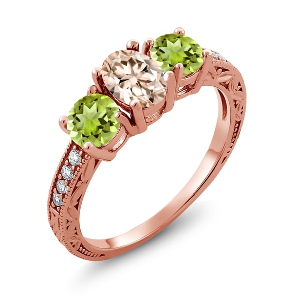 Gem Stone King 1.87 Ct Oval Peach Morganite Green Peridot 18K Rose Gold Plated Silver Moissanite Ring (Size 7)