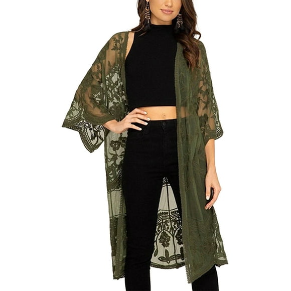 VISgogo Cárdigan de playa informal para mujer, color sólido, manga 3/4, bordado transparente, cubierta de flores VISgogo moda