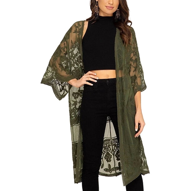 VISgogo Cárdigan de playa informal para mujer, color sólido, manga 3/4, bordado transparente, cubierta de flores VISgogo moda