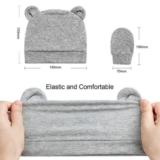 Newborn Baby Hats and Mittens Set Solid Color Cotton Caps Gloves for Baby Boys and Girls, Hospital Hat