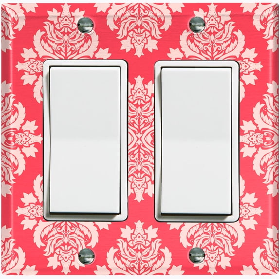 Metal Light Switch Plate Outlet Cover (Victorian Damask Flower Red Pattern - Double Rocker)