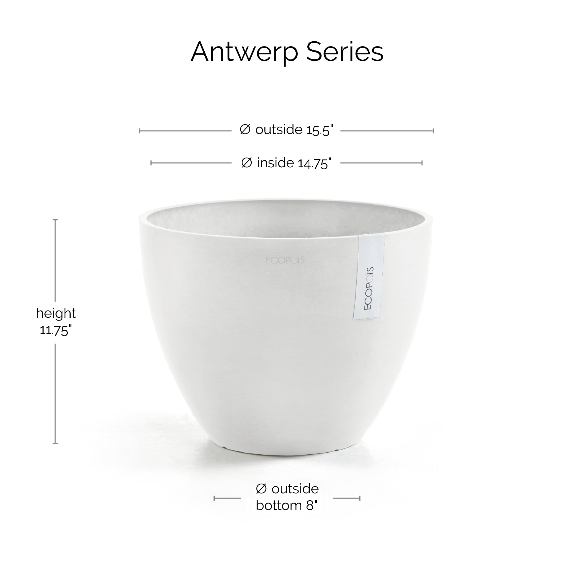 Ecopots Antwerp Durable Modern Round Indoor/Outdoor Recycled Based Composite Flower Pot Planter, Pure White, 16"