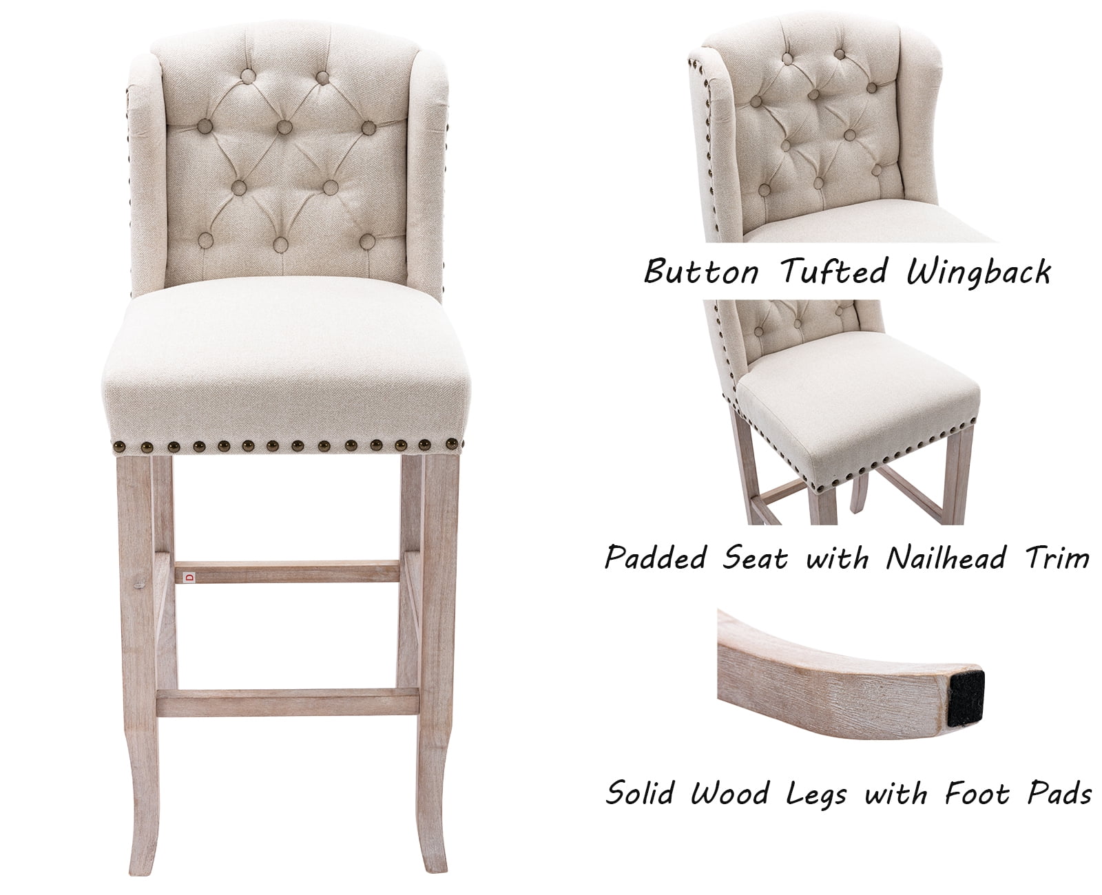 Guyou Tufted Bar Stool, Nailhead Trim, Upholstered, 30'' Height, Beige (Set of 2)