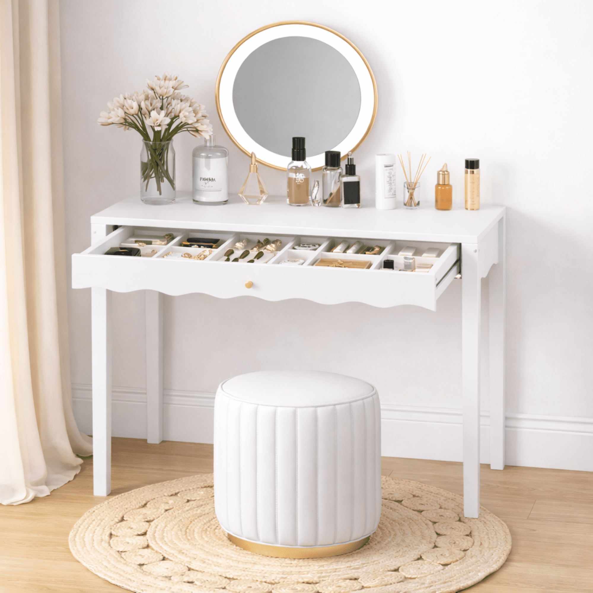 35.43" Vanity Desk with Drawer, Modern Makeup Table with Scalloped Front & Gold Knob, Compact Writing Desk with 4 Sturdy Legs for Bedroom, Small Home Office & Apartment Spaces