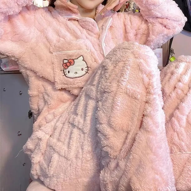 Sanrio-Conjunto de pijama de franela de Hello Kitty para mujer, ropa de dormir de invierno, cálida, Kawaii, KT Cat, Ins, viento, felpa, engrosada, dulce, traje para el hogar, nuevo
