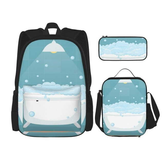 Easygdp Bathtub with Soap Bubbles Mochila para Niños y Niñas con Set de Caja de Almuerzo y Estuche para Lápices 3 en 1, Mochila Escolar Estampada para Adolescentes