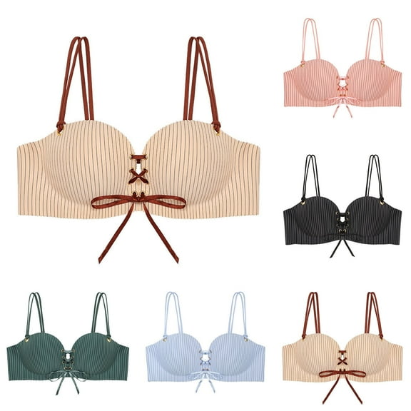 SMihono Fashion Lace up Front T-Shirt Bras for Women Comfort Wireless Full Coverage Push Up Striped C Cup Everyday Bra Beige 32/70C