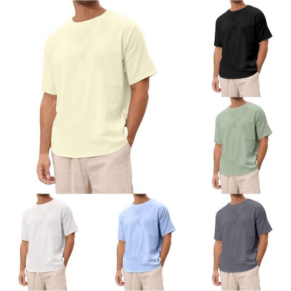WERYOUNG Mens T-Shirts Solid Color Linen Shirt For Man Short Sleeve Crew Neck Beach Tees Stylish Top L