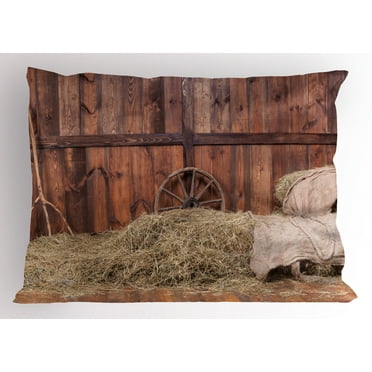 Barn Wood Wagon Wheel Pillow Sham Rural Old Horse Stable Barn Interior Hay and Wood Planks Image Print, Decorative Standard Size Printed Pillowcase, 26 X 20 Inches, Brown Dust, by Ambesonne
