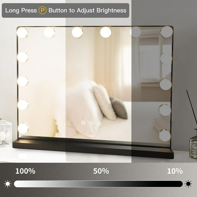 Hollywood Vanity Mirror With Lights - 22.8x18.2 Inch, 15 Dimmable LEDs, 3 Colors, 10X Magnifying, USB Port, Wall Mountable