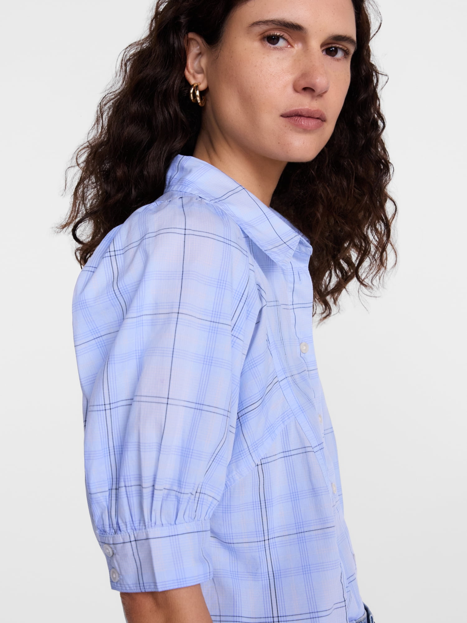 Scenario Women's Button Front Shirt with Puff Sleeves, Sizes XS-XXXL