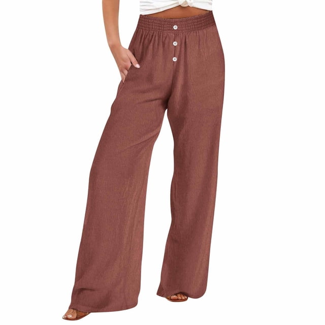 Timegard Womens Wide Leg Pants Summer Elastic High Waisted Button Lightweight Casual Pants with Pockets