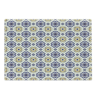 Vintage Cutting Board, Classic Victorian Pattern with Geometric Shapes and Floral Swirls, Decorative Tempered Glass Cutting and Serving Board, Large Size, Earth Yellow Dark Blue, by Ambesonne