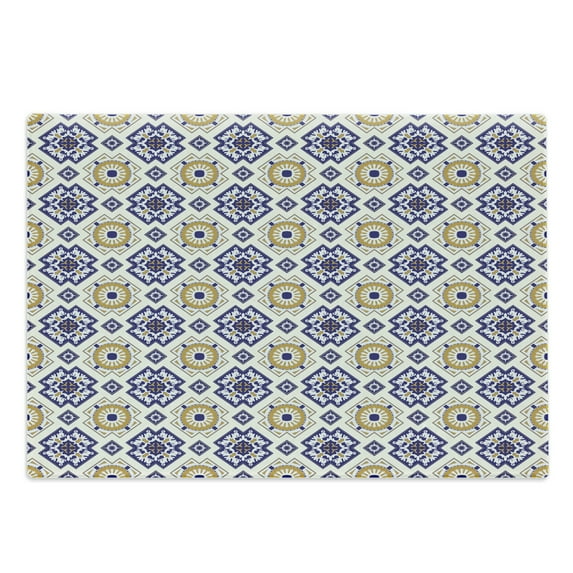 Vintage Cutting Board, Classic Victorian Pattern with Geometric Shapes and Floral Swirls, Decorative Tempered Glass Cutting and Serving Board, Large Size, Earth Yellow Dark Blue, by Ambesonne