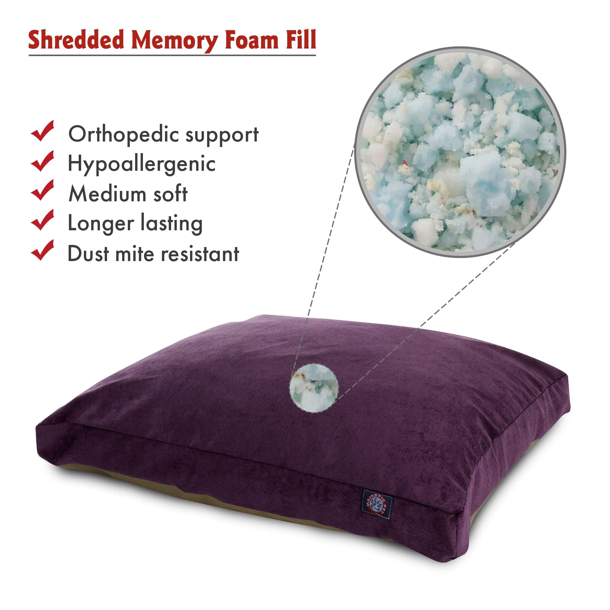 Majestic Pet | Villa Velvet Shredded Memory Foam Rectangle Pet Bed For Dogs, Removable Cover, Aubergine, Medium