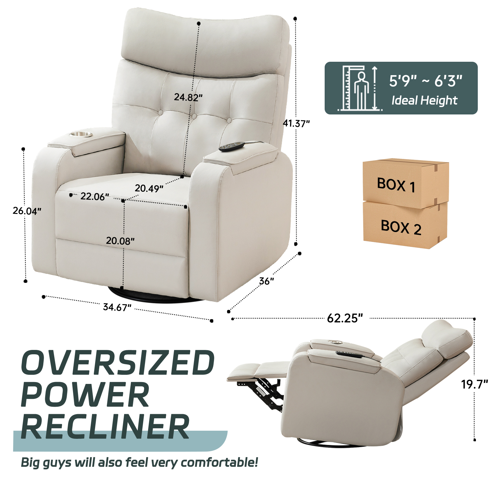 Aemeios Swivel Power Recliner Chair with Massage and Heat, Single Timing Massage Rocking Chair with USB Port and Cup Holders, Rocker Sofa with Storage Space for Living Room Home Theater, Light Gray