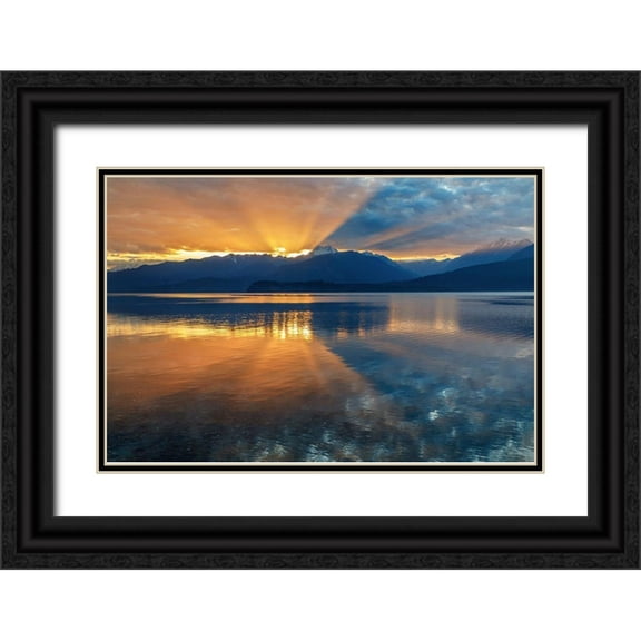 Jaynes Gallery 32x23 Black Ornate Wood Framed with Double Matting Museum Art Print Titled - Washington State-Seabeck Sunset over mountains and Hood Canal