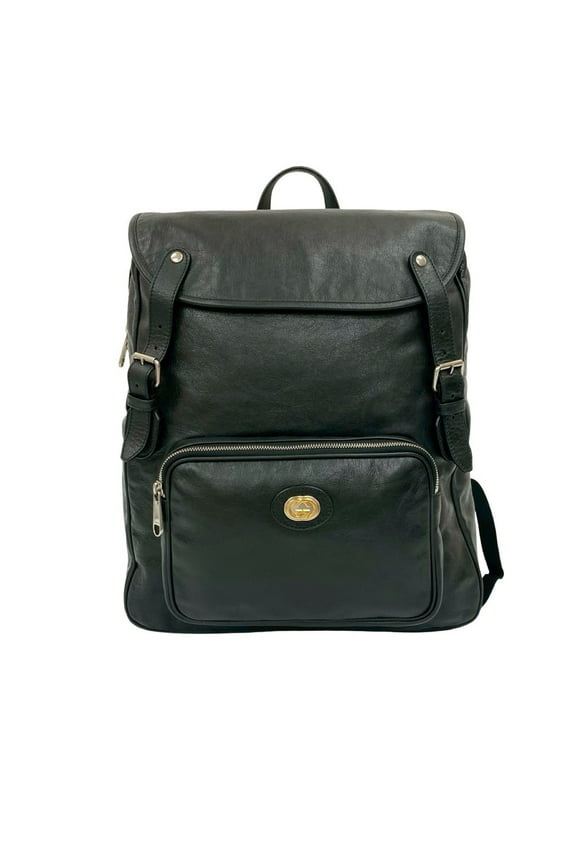 Pre-Owned GUCCI Interlocking G Logo Hardware Leather Backpack Daypack Black 24665 (Good)