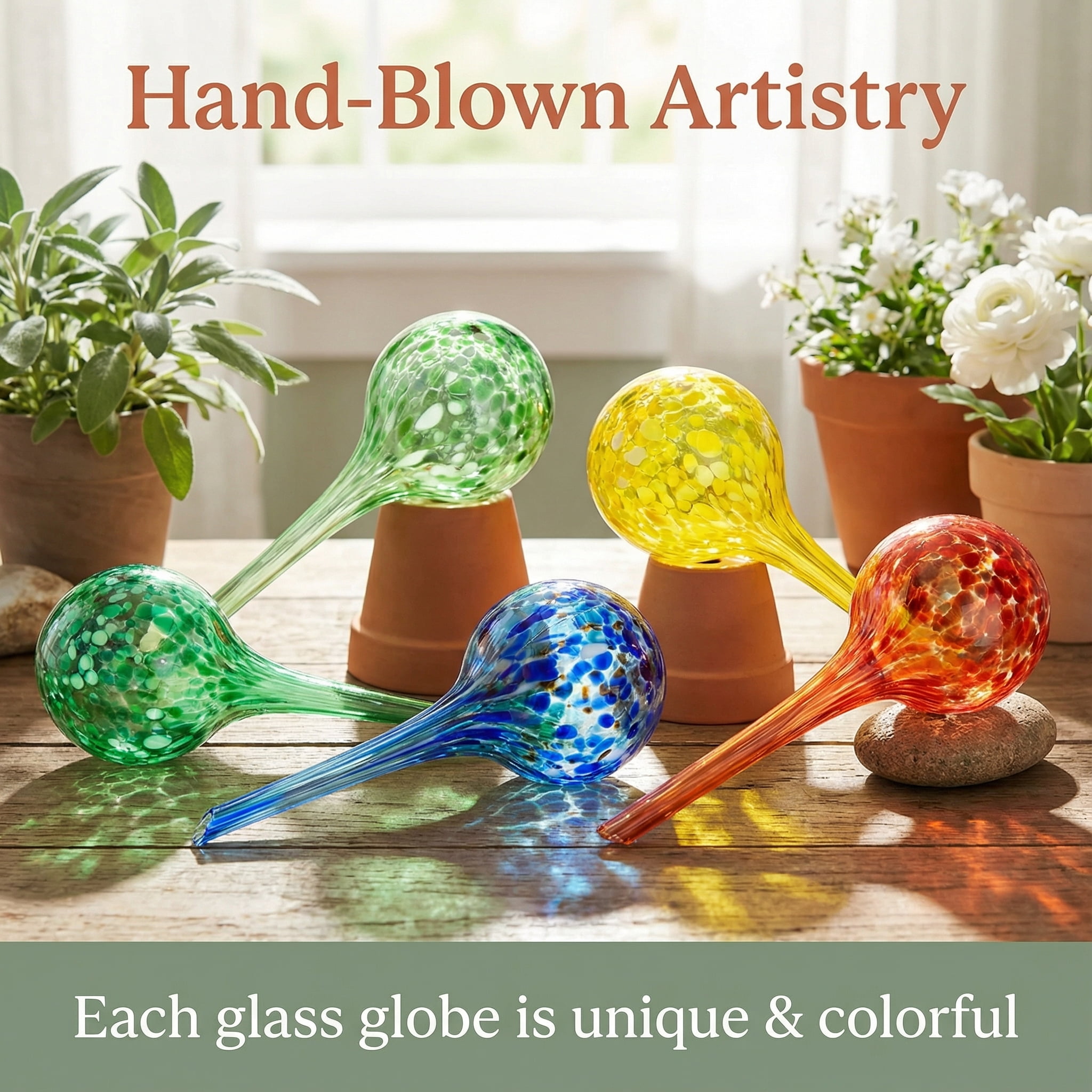 6-Pack  Handmade Plant Watering Globes - Self Watering Bulbs for Indoor & Outdoor Plants - Hand-Blown & Colorful Water Globes - Aqua Globes for Plants - Glass - Measures 6" L x 2.5" D - 3.5 oz