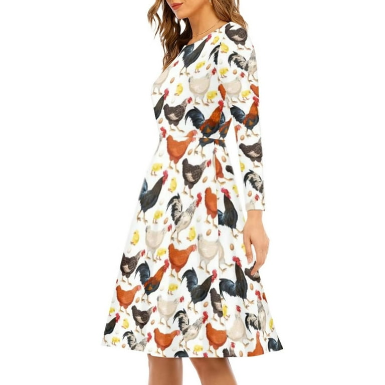 NETILGEN Chicken Family Pattern Women Dresses Long Crew Neck