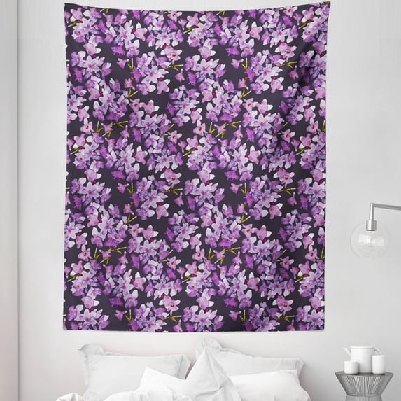 Watercolor Tapestry, Paintbrush Art of Summer Flowers Branches, Fabric Wall Hanging Decor for Bedroom Living Room Dorm, 5 Sizes, Grey Violet, by Ambesonne