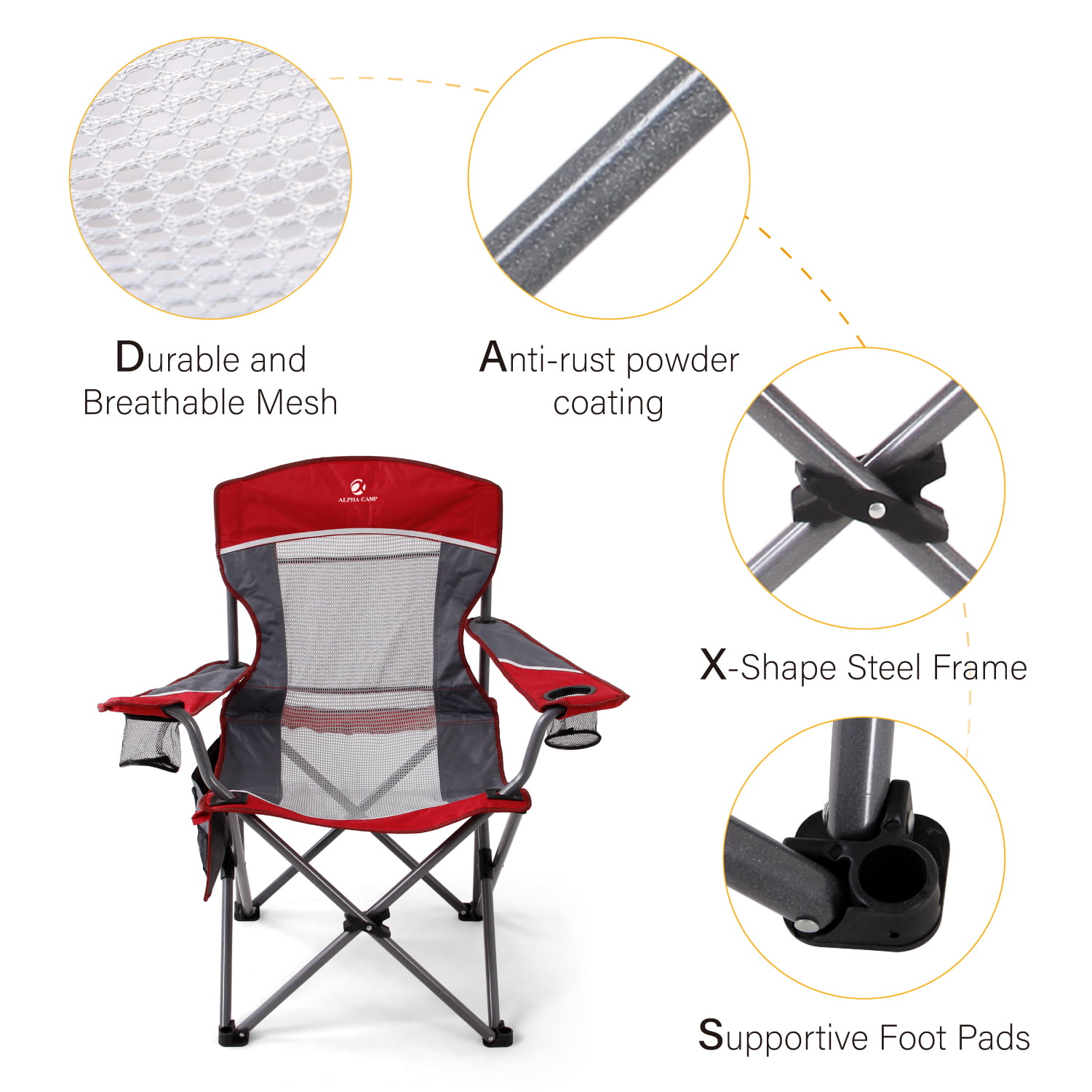 Alpha Camper Oversized Camping Chair Portable Folding Chair Heavy-Duty Steel Frame Mesh Chair with Cup Holder Suitable for Outdoor Fishing Camping, Black