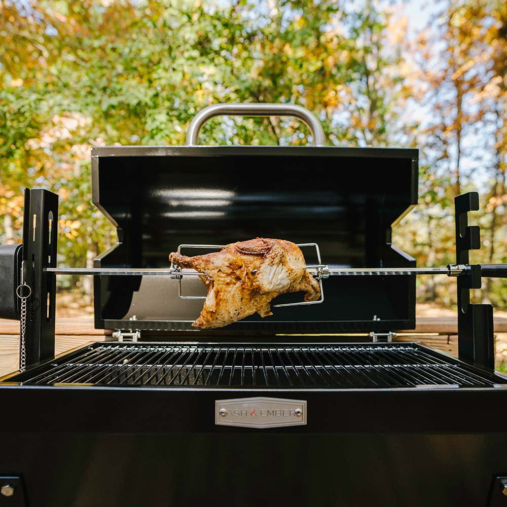 Titan Distributors Ash & Ember 4W Rotisserie Spit Roaster Grill, Rated 33 LB, Horizontal Adjustable Spit Rod for Outdoor Charcoal BBQ, Stainless Steel