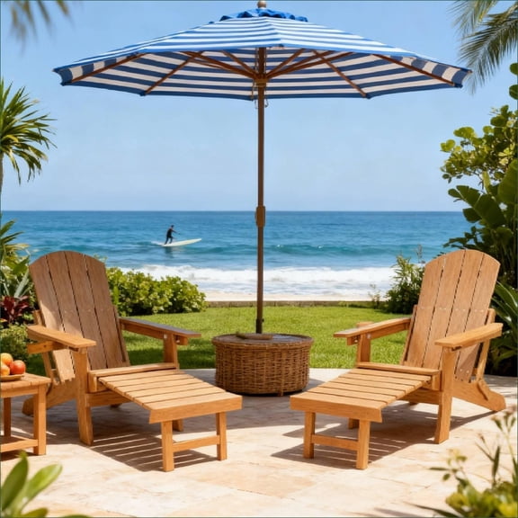 Outdoor Lounge Chairs, 2-Piece for Patio Garden, Adjustable Foldable with Ottoman | Wood Plastic | Slat Back