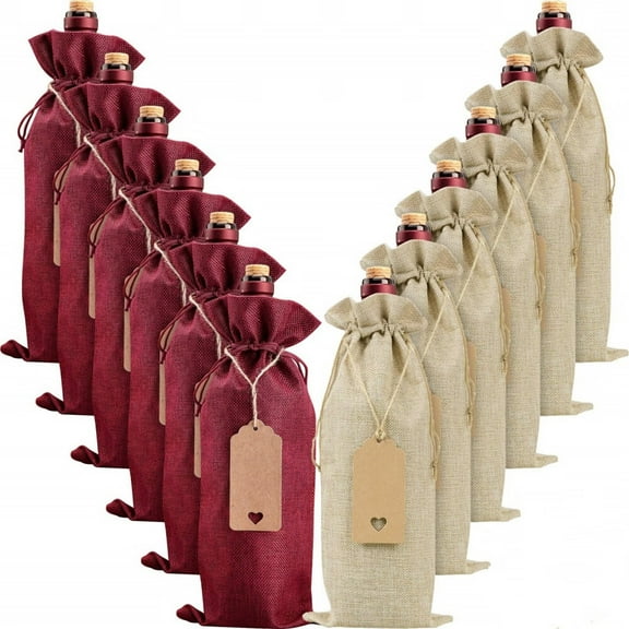 Burlap Wine Bags Wine Gift Bags,12 Pcs Christmas Wine Bottle Bags with Drawstrings,Tags & Ropes,Reusable Holiday Wine Bottle Covers for Christmas Wedding Birthday Travel Party Housewarming Storage