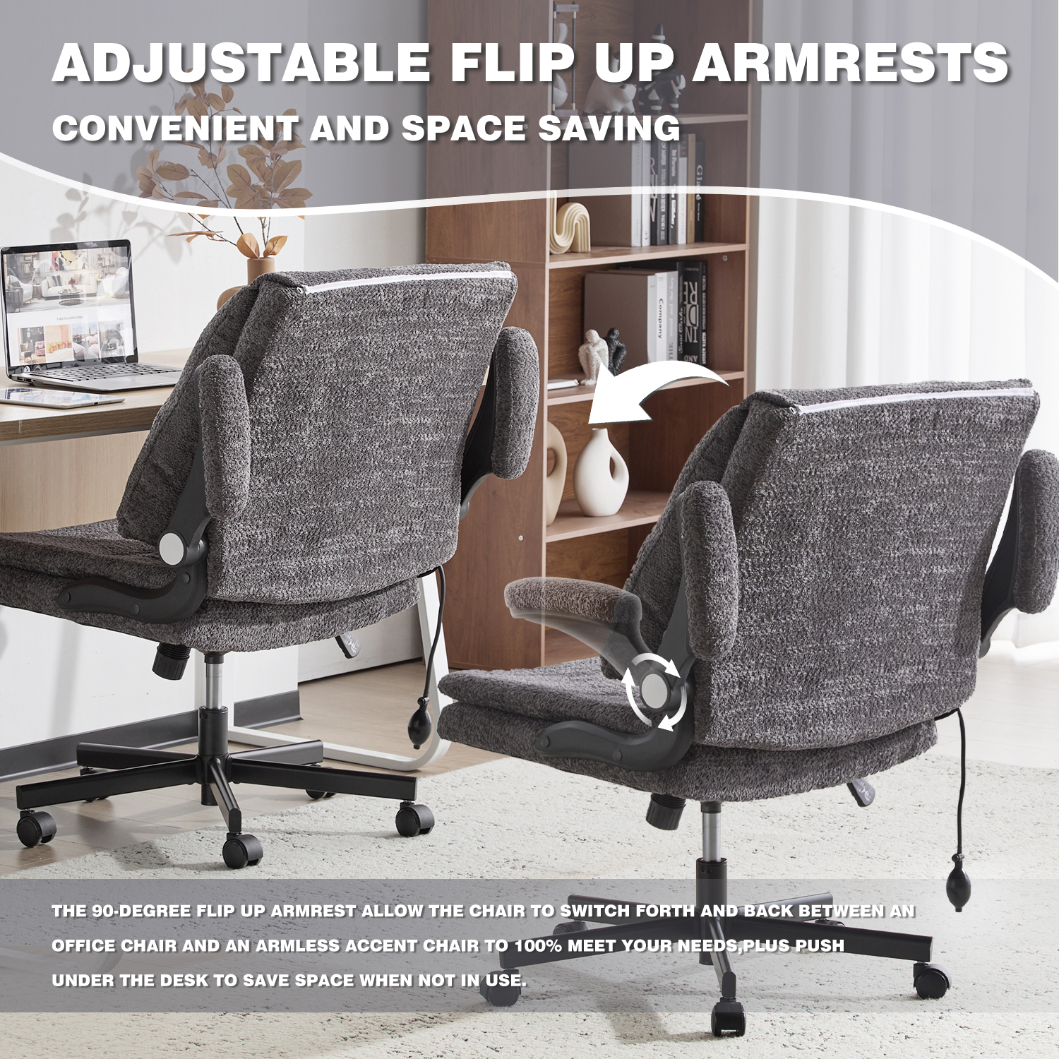 Wide Criss Cross Chair with Flip Up Back Cushion and Arms, Ergonomic Cross Legged Office Chair with Dynamic Lumbar Support, Upholstered Swivel Rolling Vanity Chair for Customized Comfort
