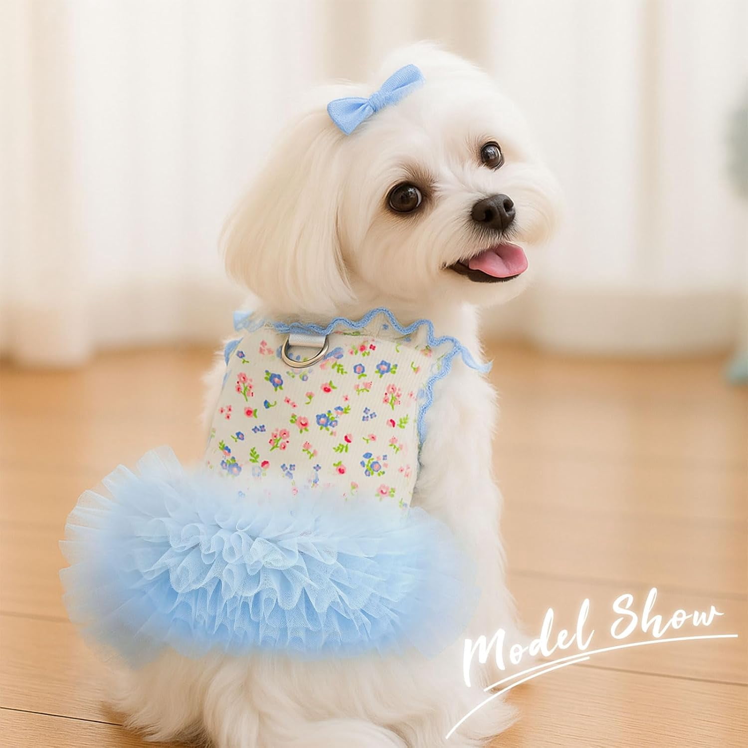 Floral Dog & Cat Dress with Tutu Skirt - Breathable Stretch Pet Clothes for Small Dogs Girl Cats & Puppies Birthday Party Outfit (Blue,Medium)