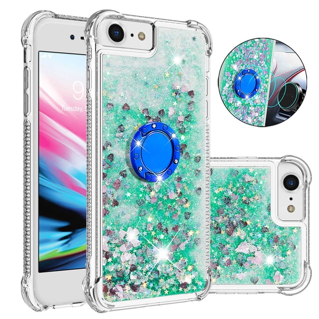 Funda para iPhone SE 2022/2020 con Brillo Líquido Flotante, Purpurina, Parachoques y Anillo Giratorio Soporte