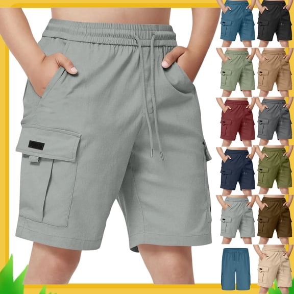 Boys Cargo Shorts 5-15Y, Kids Summer Casual Elastic Waist Shorts with Pockets, Lightweight Breathable Solid Color Hiking Play Shorts for Boys